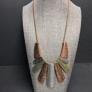 Statement Necklace Copper Silver Gold Scrollwork Hammered Pitted Cord Chain